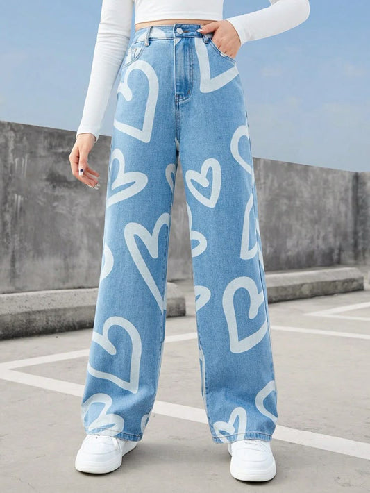 Blue Heart Print Wide-Leg Jeans