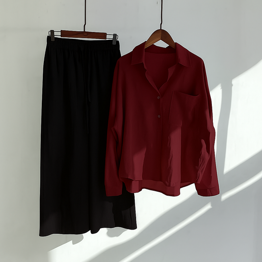 Burgundy Button-Down Shirt & Black Trousers Set