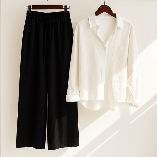 White Button-Down Shirt & Black Trousers Set