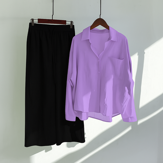 Lavender Button-Down Shirt & Black Trousers Set