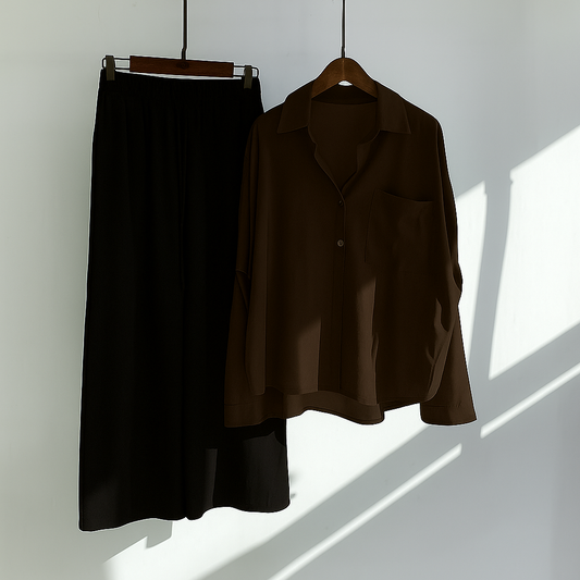 Brown Button-Down Shirt & Black Trousers Set