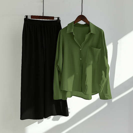 Olive Green Button-Down Shirt & Black Trousers Set