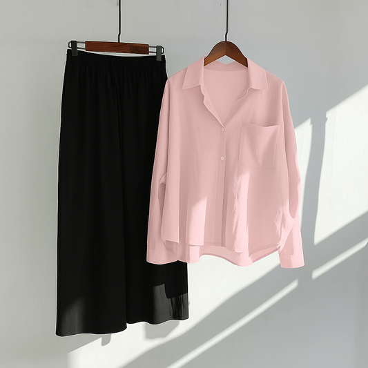 Pink Button-Down Shirt & Black Trousers Set