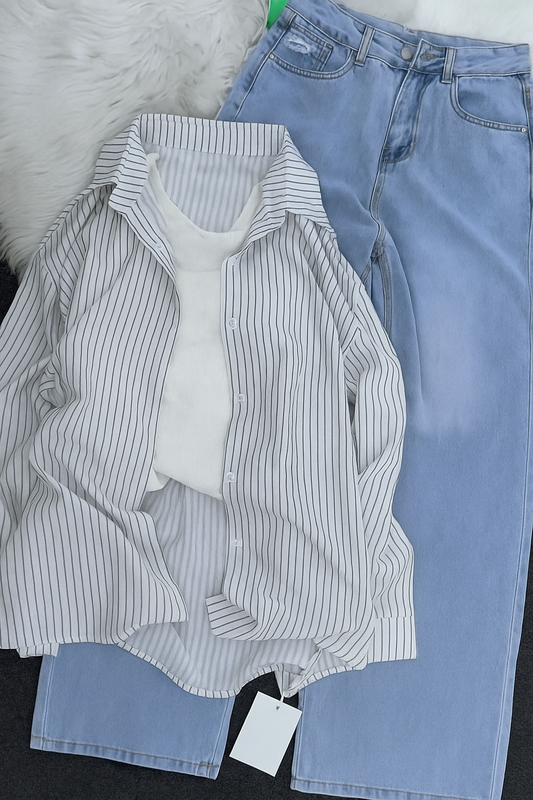 ZODIC Black Striped Shirt & Crop Top with Denim – 3-Piece Set