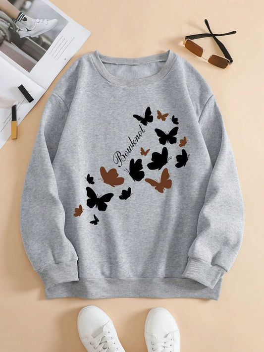 Grey Butterfly & Heart Print Sweatshirt