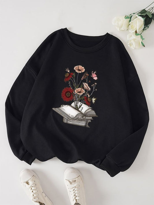 Black Floral Book Aesthetic Sweatshirt