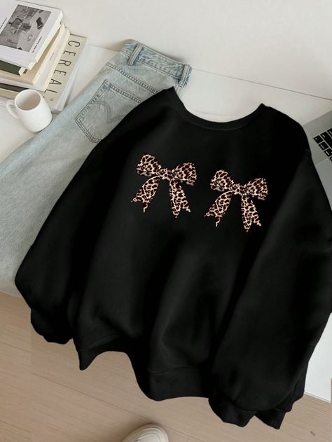 Black Twin Leopard Bows Oversized Sweatshirt