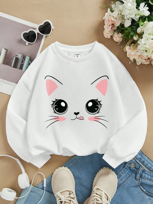 White Cute Cat Face Graphic Sweatshirt