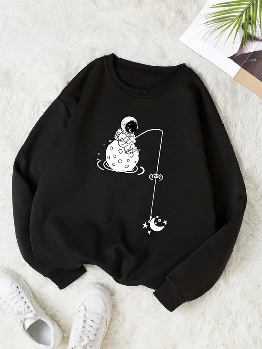 Black Astronaut Fishing Graphic Sweatshirt