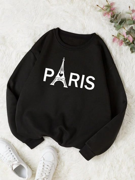 Black Paris Eiffel Tower Print Sweatshirt
