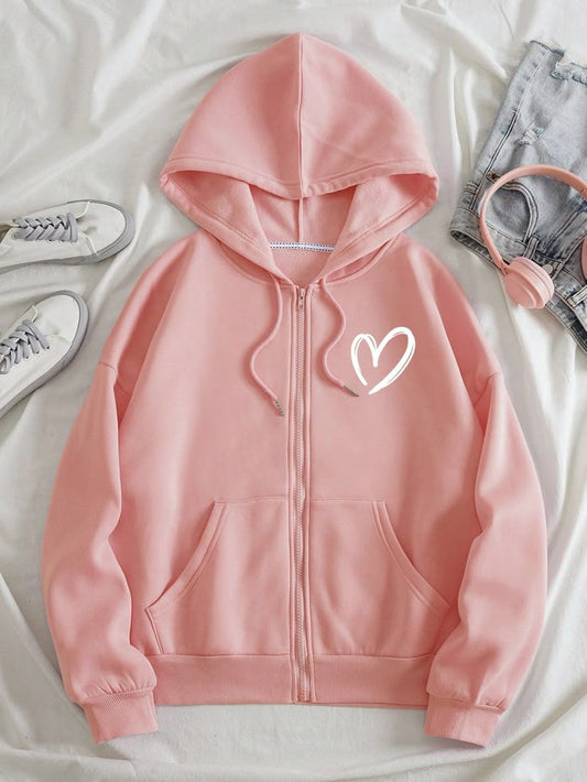 Pink Zip-Up Hoodie with White Heart Print