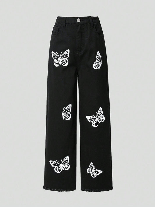 Black Butterfly Printed Wide-Leg Jeans