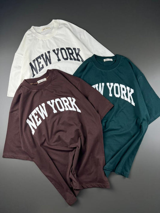 New York Statement Tees – White, brown & Teal