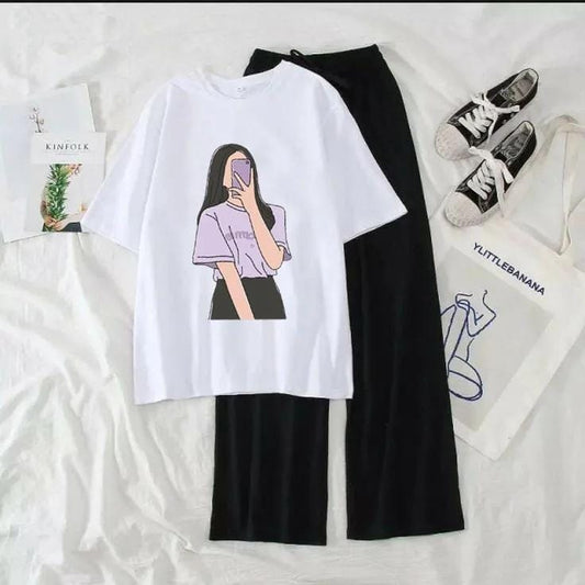 White Graphic Tee & Black Trouser Combo - Urban Chill Vibe