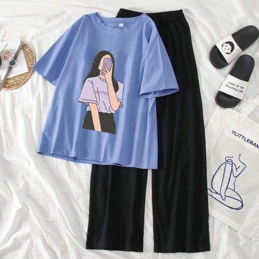 Blue Graphic Tee & Black Trouser Set - Cool Casual Days