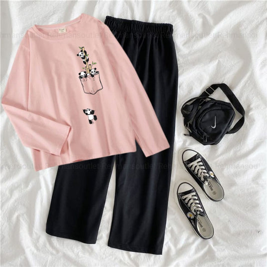 Pink Cartoon Print Sweatshirt & Trouser Set - Playful Mood