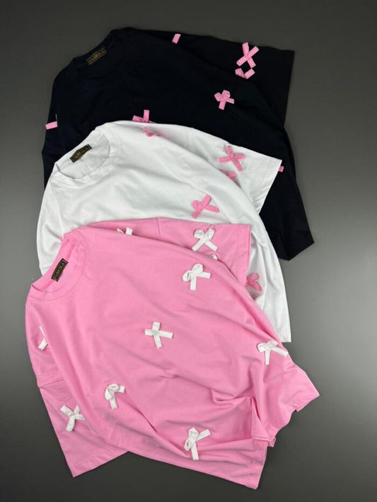 Sweet Bows Cotton Tees – Pink, Black & white