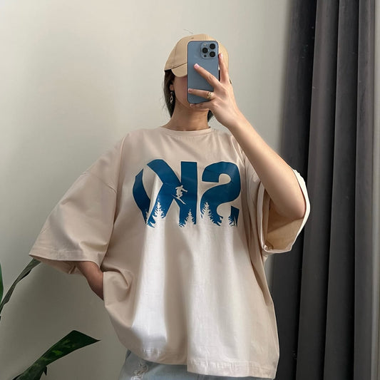 Cream Beige Oversized "SKI" Graphic Tee