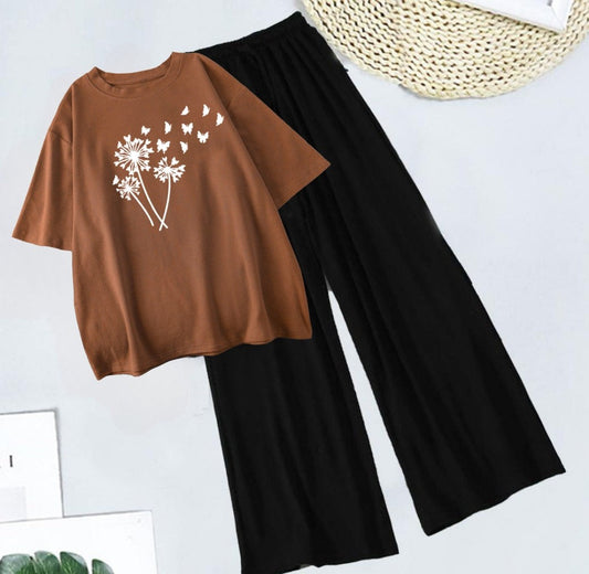 Rust Brown Floral Tee & Black Trouser Set - Boho Spirit
