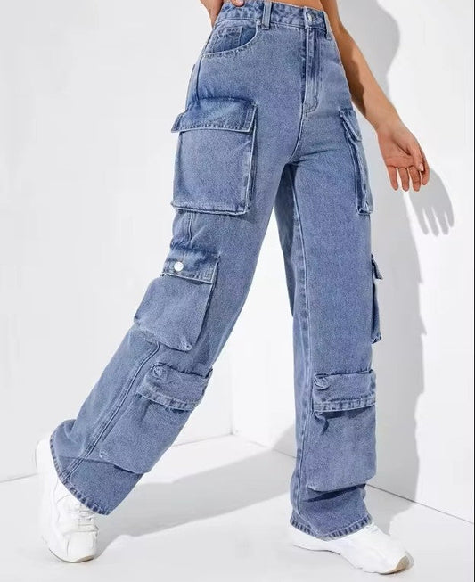 Classic Blue Multi-Pocket Cargo Denim