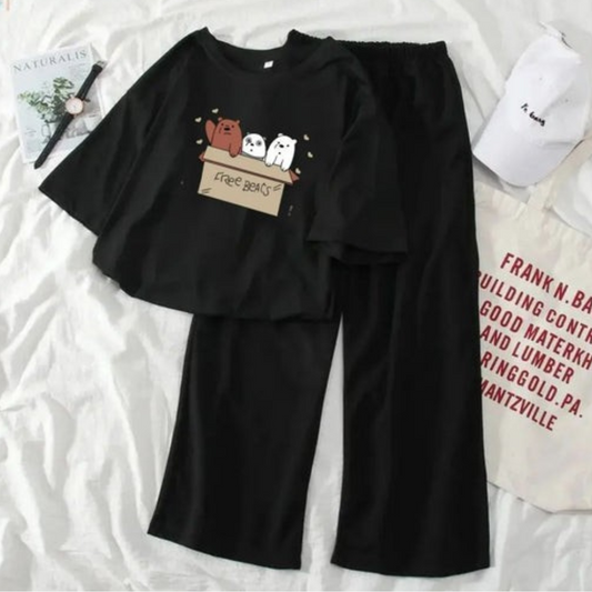 Black Cartoon Bears Tee & Black Trouser Set - Cool Graphic Look