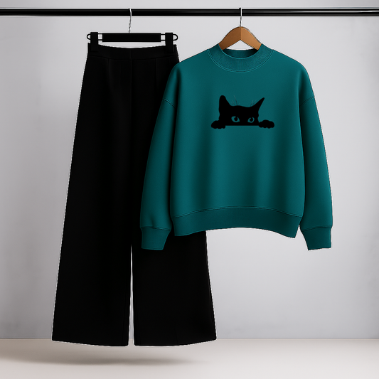 Silhouette Cat Teal Sweatshirt & Trouser Set