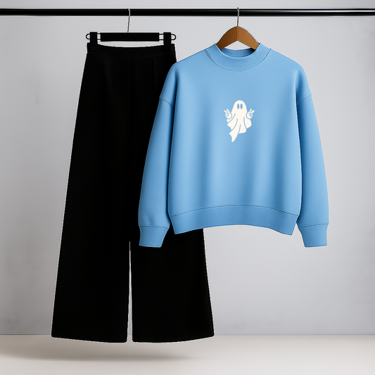 Ghost Graphic Sky Blue Sweatshirt & Trouser Set