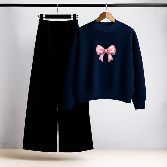 Pink Bow Navy Sweatshirt & Trouser Set