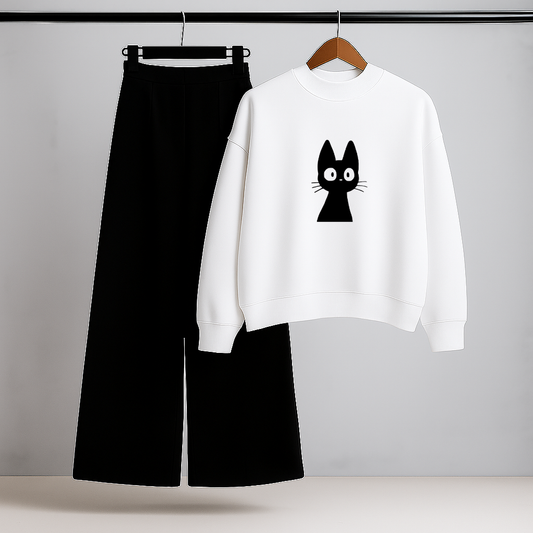 Mystery Cat White Sweatshirt & Trouser Set