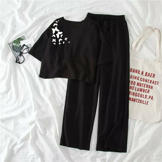 Black Star Print Tee & Black Trouser Set - Night Sky Casual