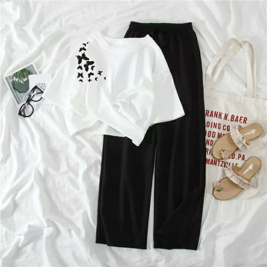 White Star Print Tee & Black Trouser Combo - Night Sky Casual