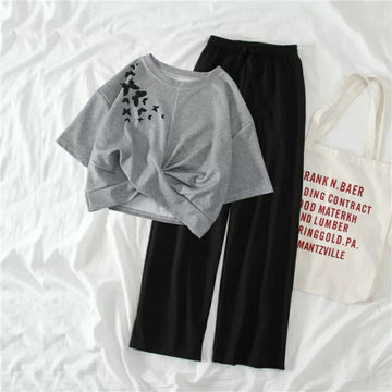 White Star Print Tee & Black Trouser Combo - Night Sky Casual