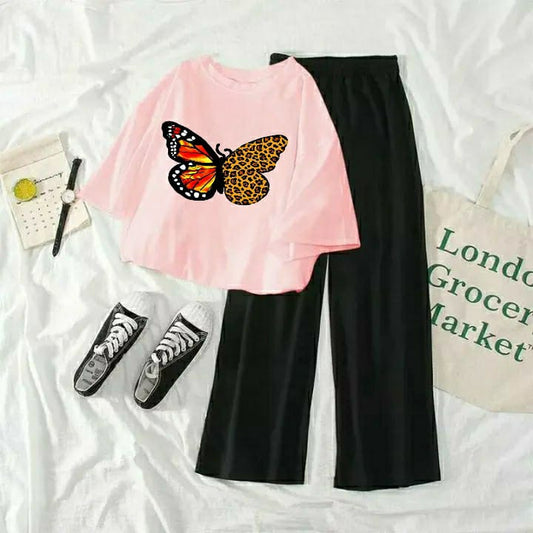 Butterfly Graphic Tee & Trouser combo -Pink