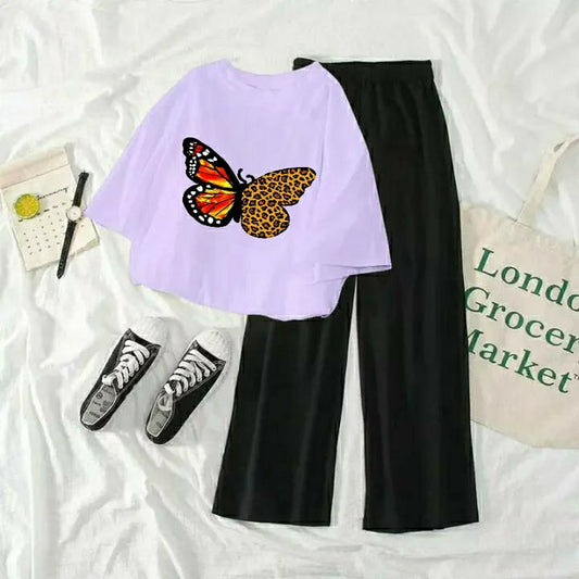 Butterfly Graphic Tee & Trouser combo -Lilac