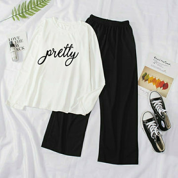 Pretty Graphic Tee & Trouser combo -White