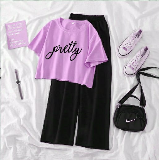 Pretty Graphic Tee & Trouser combo -Lilac