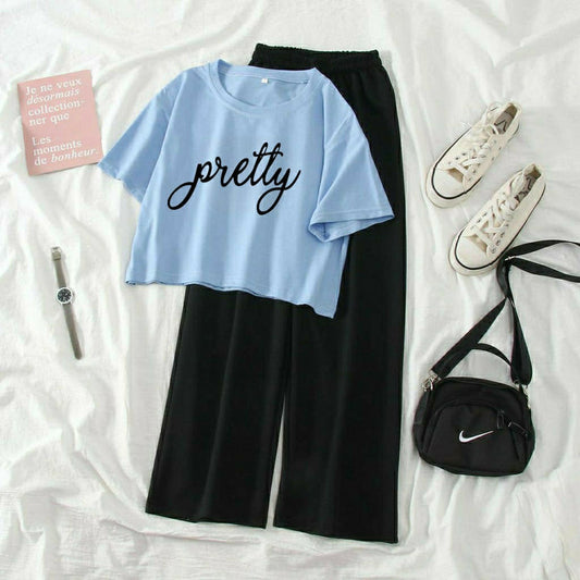 Pretty Graphic Tee & Trouser combo -Sky Blue