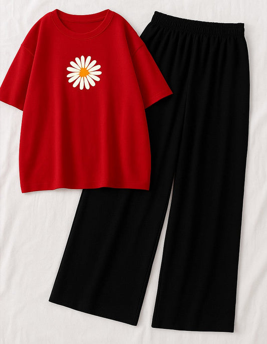 Daisy Love Casual Set – Red Floral Tee + Black Flappers