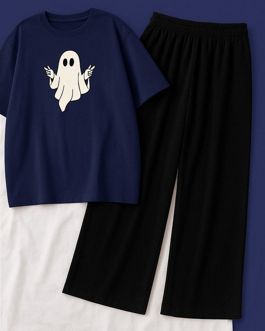 Midnight Ghost Vibe Set – Navy “BOO” Tee & Black Pants