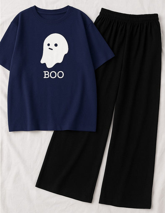 Boo Ghost Tee Set – Navy Cartoon Print + Jet Black Bottoms