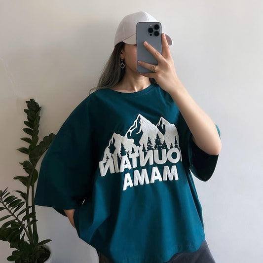 Teal Oversized Mountain Mama Graphic T-Shirt