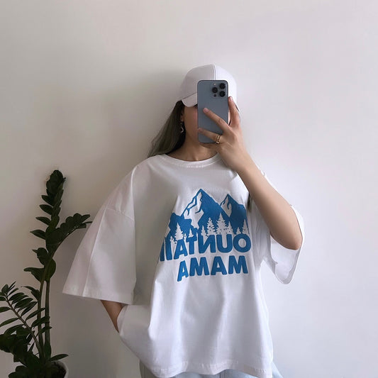 White Oversized Mountain Mama Graphic T-Shirt