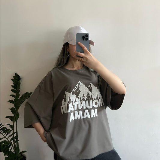 Gray Oversized Mountain Mama Graphic T-Shirt