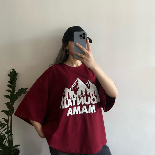 Maroon Oversized Mountain Mama Graphic T-Shirt