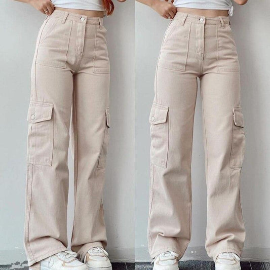 Cream High-Waist Cargo Jeans