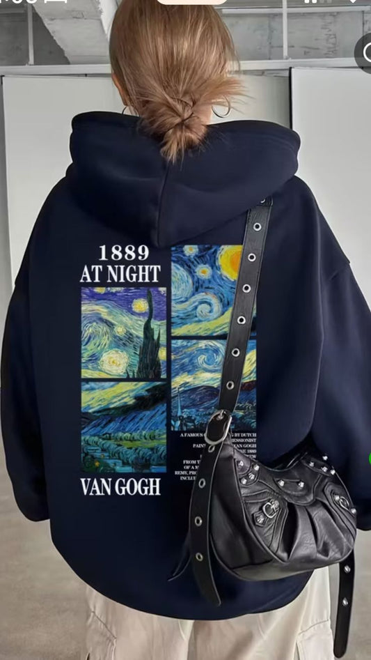 Van Gogh Art Print Zipper Hoodie – Navy Blue