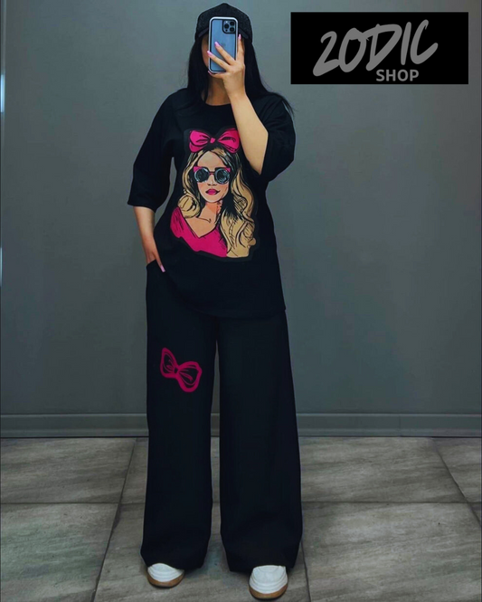 Barbie Bow Graphic Co-Ord Set – Black & Pink