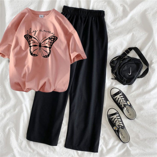 Peach Butterfly Lounge Set – Relaxed Fit Tee + Flapper Pants