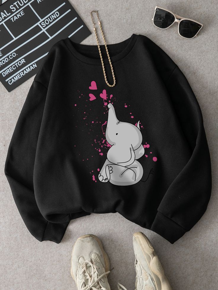 Black Cute Elephant Graphic Sweatshirt