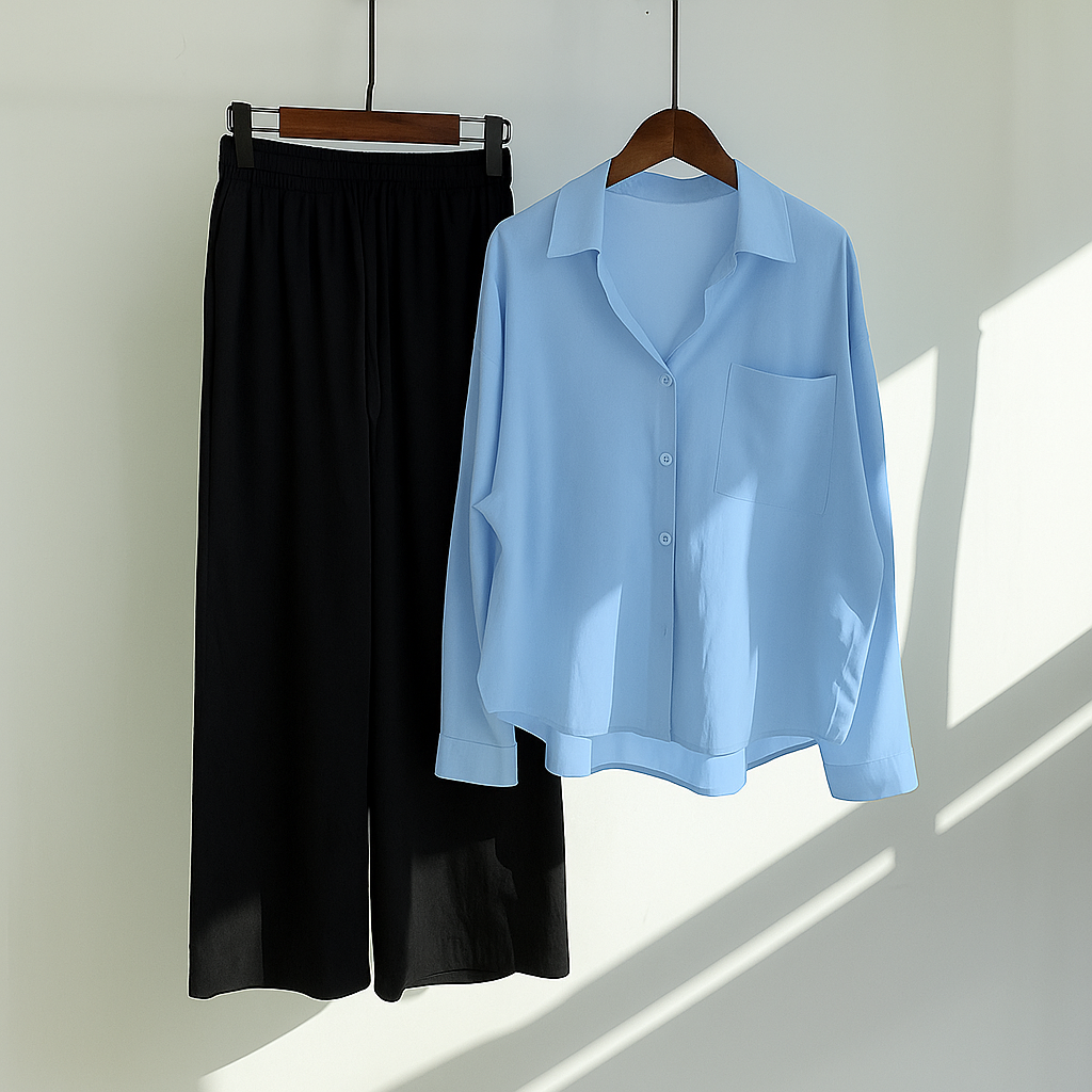Sky Blue Button-Down Shirt & Black Trousers Set